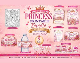 Princess Birthday Party Bundle | Editable Canva Templates (Digital Download)