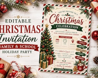 Editable Christmas Party Invitation, Family School Holiday Celebration (Digital Download)