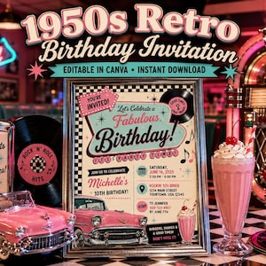 Könnte beinhalten: Eine 1950er-Jahre Retro-Geburtstagseinladungsvorlage mit einem rosa Oldtimer, Schallplatten und einem Milchshake-Motiv. Der Text lautet 1950s Retro Birthday Invitation, You're Invited, Let's Celebrate a Fabulous Birthday, It's Party Time und Michelle's 10th Birthday, mit Veranstaltungsdetails für den 14. Juni 2025 im Rockin' 50s Diner.