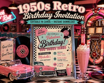 1950s Retro Birthday Invitation, Rock n Roll Diner Theme (Editable Canva Download)