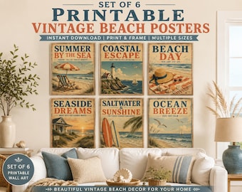 Set of 6 Vintage Beach Posters, Coastal Retro Summer Wall Art (Instant Download)