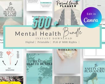 500+ Page Mental Health Bundle | Planners, Journals & Healing Prompts | Canva Templates | Instant PDF Download