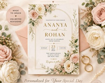 Custom Floral Wedding Invitation, Blush Gold Invite, Personalized Botanical Design (Digital Download)
