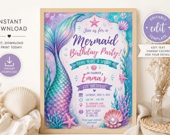 Mermaid Birthday Invitation | Under the Sea Party Template | Editable Canva | Instant Download