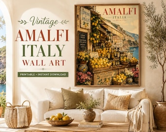 Vintage Amalfi Coast Lemon Print, Italian Mediterranean Wall Art (Digital Download)