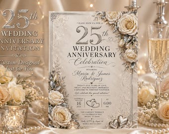 CUSTOM 25th Wedding Anniversary Invitation, Silver Floral Celebration, Vow Renewal (Digital File)