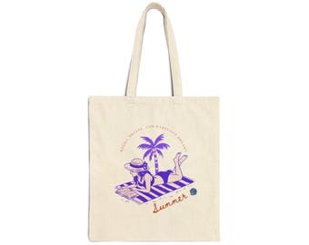 Purple Beach Scene Tote Bag | Summer Palm Tree Book Reader