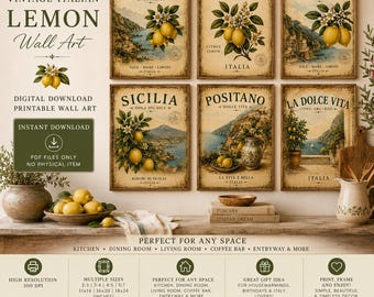 Set of 6 Vintage Italian Lemon Prints, Amalfi Coast Mediterranean Decor (Digital Download)