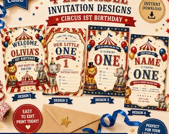 Circus 1st Birthday Invitation Template | Vintage Carnival Party Invite | Instant Download