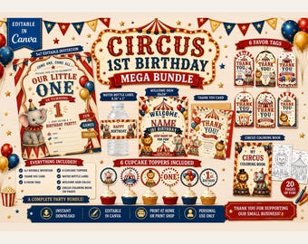 Vintage Circus First Birthday Invitation, Editable Canva Template (Digital Download)