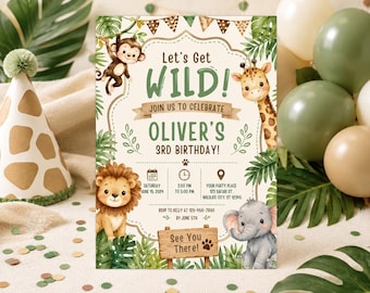 Safari Birthday Invitation, Watercolor Jungle Animals, Editable Canva Template (Digital Download)