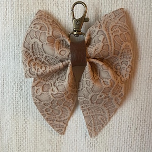 Tan Lace Faux Leather Bow Keychain Bogg Bag Charm Purse Charm