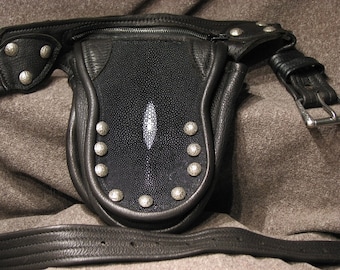 Leather Waist Purse in Black Elk , Sting Ray and Antiqued Silver