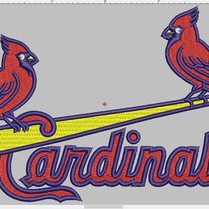May include: An embroidery design featuring two red cardinals with dark blue accents perched on a yellow baseball bat. Below the bat, the word Cardinals is stitched in a stylized red font with a dark blue outline, all set against a gray background.