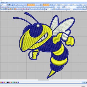 May include: A digital embroidery design file displayed on a software interface, featuring a cartoon hornet character with a yellow head, blue body, and white wings. The hornet is depicted in a dynamic pose with a visible stinger and a grin.