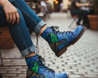 Koi Fish Combat Boots, Japanese Folklore Vegan Leather Unisex, Blue Paper Texture Ankle Boot, Alt Fashion Asian Gift