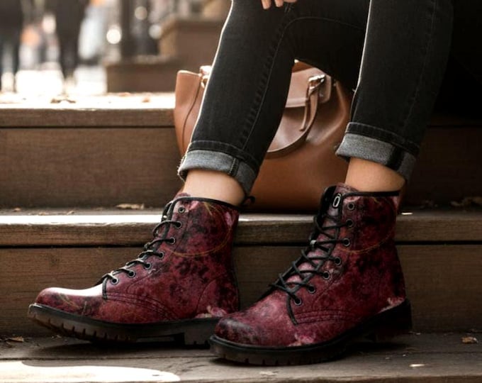 Distressed Vegan Leather Combat Boots, Burgundy Gothic Punk Ankle Boot