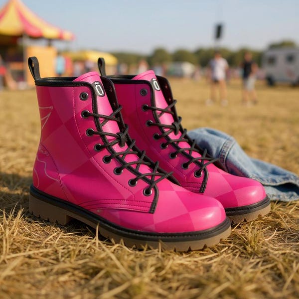 Hot Pink Combat Boots, Vegan Leather Wide Fit Women, Fuchsia Lace Up Ankle Boot, Bold Alt Fashion Statement Shoes