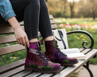 Stivali da combattimento Purple Rose, in ecopelle a vestibilità ampia, stivaletto alla caviglia gotico romantico con motivo floreale, viola, moda alternativa da donna