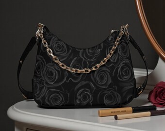Gothic Black Rose Hobo Bag, Vegan Leather Chain Crossbody Purse, Dark Romantic Shoulder Bag, Alt Fashion Women