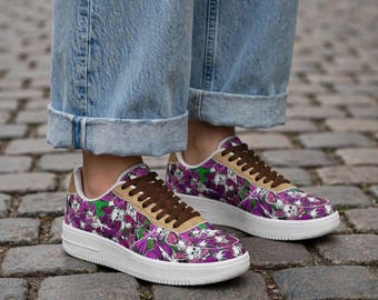 Floral Skull Low Top Sneakers – Gothic Day of Dead Shoes, Purple Skull Art AF Style