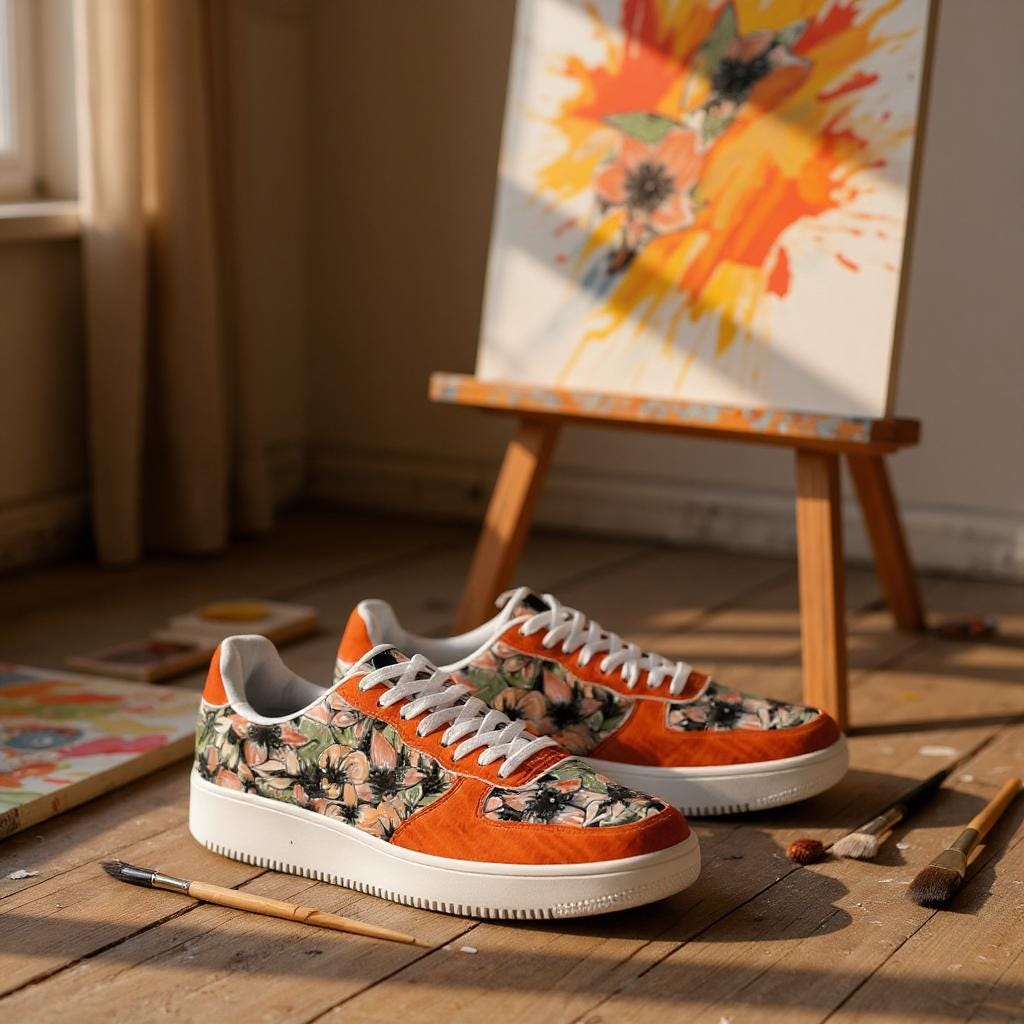 Orange Floral Low Top Sneakers, Botanical Art AF Style Shoes  display picture 3