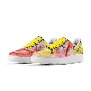 Watercolor Sneakers with Animal Print – Low Top Unisex Artistic Shoes in Yellow and Pink, Unique Streetwear Fashion Gift for Sneaker Lovers