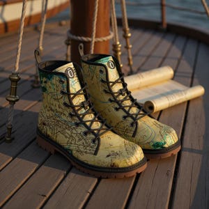 May include: A pair of yellow map-printed boots with black laces and brown soles. The boots feature a vintage map design with blue and green accents. The boots are displayed on a wooden surface, with rolled-up maps in the background.