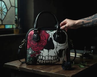 Skull Rose Gothic Purse, Black Vegan Leather Crossbody Bag, Dark Romantic Alt Accessory, Rock Fashion Gift Women