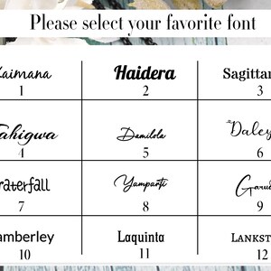 Może przedstawiać: Biała karta prezentuje wyb&oacute;r 12 czcionek, każda z nazwą i numerem. Tekst "Please select your favorite font" znajduje się na g&oacute;rze. Style czcionek są zr&oacute;żnicowane, od eleganckich skrypt&oacute;w po pogrubione bezszeryfowe.