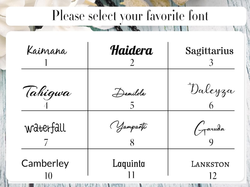 Może przedstawiać: Biała karta prezentuje wyb&oacute;r 12 czcionek, każda z nazwą i numerem. Tekst "Please select your favorite font" znajduje się na g&oacute;rze. Style czcionek są zr&oacute;żnicowane, od eleganckich skrypt&oacute;w po pogrubione bezszeryfowe.
