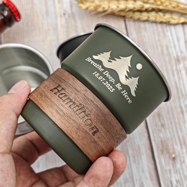 Personalized Stainless Steel Beer Mug with Wood Holder: Groomsmen Gift