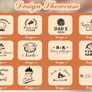 Może przedstawiać: Prezentacja projekt&oacute;w z dwunastoma logo o tematyce pizzy. Logo zawierają tekst, taki jak "Dad's Pizza", "Love Every Pizza" i "Chef Sabah". Każdy projekt jest wyświetlany na brązowym tle z jasnobrązową obw&oacute;dką.