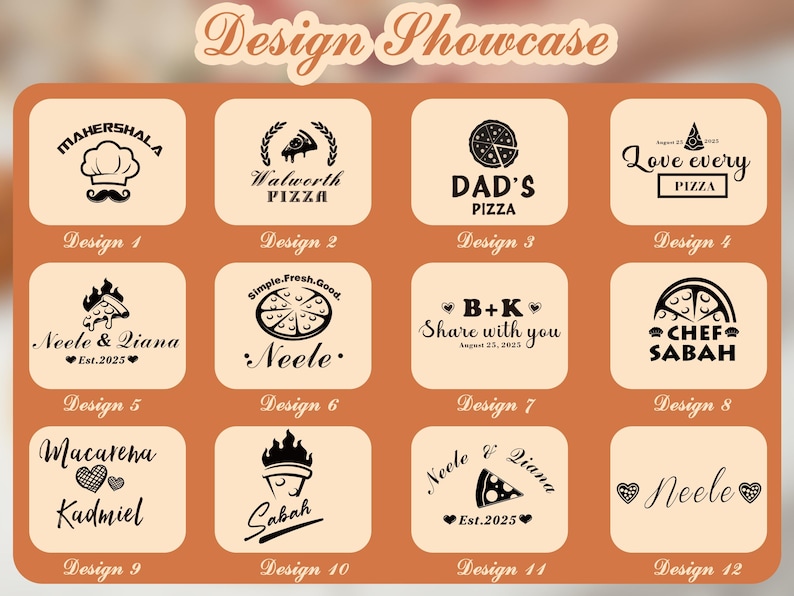 Może przedstawiać: Prezentacja projekt&oacute;w z dwunastoma logo o tematyce pizzy. Logo zawierają tekst, taki jak "Dad's Pizza", "Love Every Pizza" i "Chef Sabah". Każdy projekt jest wyświetlany na brązowym tle z jasnobrązową obw&oacute;dką.