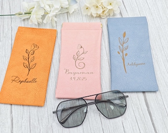 Étui à lunettes de soleil en cuir personnalisé, pochette à lunettes personnalisée, cadeau pour lui et elle, fermoir pression, gravure laser orange bleu rose