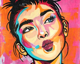 Neon Tease – Origineel acrylverfschilderij: Vrouwenportret | Kleurrijk pop-art canvas | Moderne, opvallende muurdecoratie in roze, oranje en turquoise