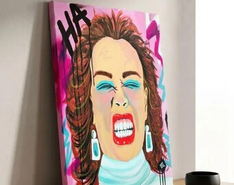 Ha! – Origineel acrylschilderij van een vrouwenportret | Kleurrijk popartcanvas | Opvallende muurdecoratie in roze, turquoise en rood