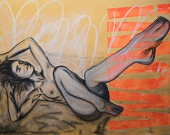 WOW – Origineel naakt schilderij | Drijvende vrouw in het water | Opvallend kunstwerk in neonoranje en goud