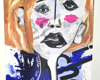 Blue Whisper - Handgeschilderd acrylportret op canvas | Modern popart kunstwerk, origineel en uniek stuk