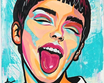 Statische koorts – Origineel acrylschilderij: Vrouwenportret | Kleurrijk pop-art canvas | Moderne, opvallende muurdecoratie in turquoise, roze en zwart