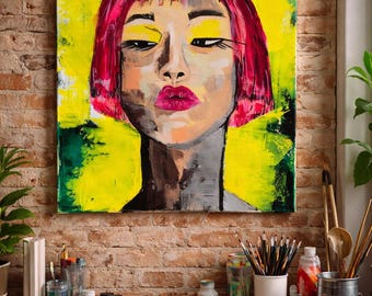 Voltage Girl – Origineel acrylschilderij, vrouwenportret | Uitsluitend geschilderd met paletmessen | Kleurrijk popartcanvas met neongeel