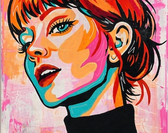 Soft Riot – Origineel acrylschilderij: Vrouwenportret | Kleurrijk popart canvas | Moderne, opvallende muurdecoratie in roze, oranje en turquoise