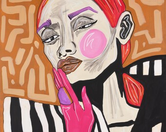 Roze Kus - Handgeschilderd acrylportret op canvas | Modern popart kunstwerk, origineel en uniek stuk