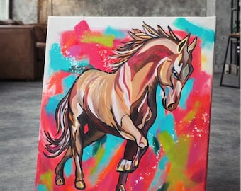 Urban Spirit – Origineel acrylschilderij van een paard op canvas | Kleurrijk popart-paardenkunstwerk | Moderne muurdecoratie met streetart-energie