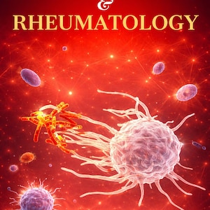 以下が含まれることがあります： 赤色の背景に「IMMUNOLOGY & RHEUMATOLOGY」の文字が白と金で描かれたデジタルイラスト。細胞やその他の生物学的要素の詳細なレンダリングが含まれています。