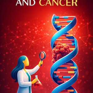 May include: Illustration with the text "GENETICS AND CANCER". A scientist examines a DNA strand with a magnifying glass and a flask. The DNA is a blue double helix with red and yellow segments, and a cluster of red cells.