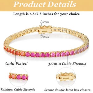 May include: A gold-plated tennis bracelet featuring 3.0mm rainbow cubic zirconia stones in a continuous row. The bracelet includes a secure double-latch box closure and is available in lengths of 6.5 or 7.5 inches as indicated by the text.