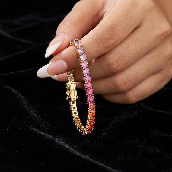 Rainbow Tennis Bracelet, 3mm Gradient CZ Bracelet in Silver or Gold Finish