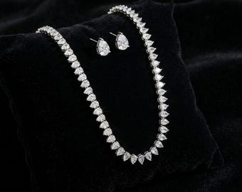 CZ Bridal Jewelry Set Four-Prong Necklace Earrings Bracelet Wedding Set