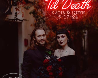 Nom jusqu'à la mort mariage néon nom personnalisé signe de mariage gothique décoration de mariage gothique toile de fond de fête de mariage Couple cadeaux